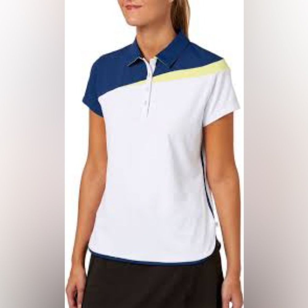 Lady Hagen Blue and White Polo with Yellow Trim, women’s Size Small, golf shirt